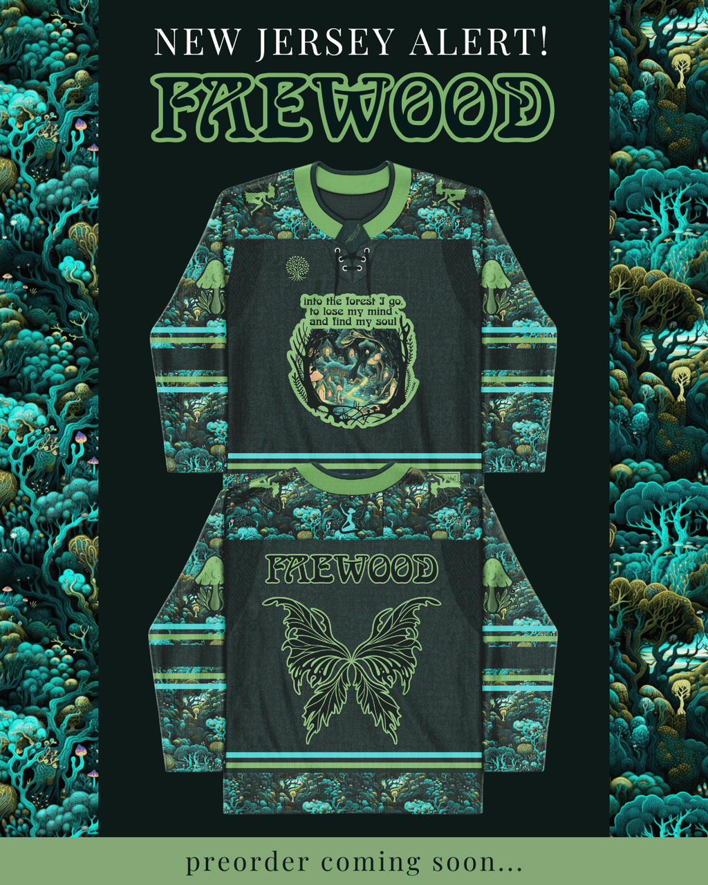 Faewood hockey jersey featuring vibrant forest designs, perfect for rave outfits and enchanted adventures.