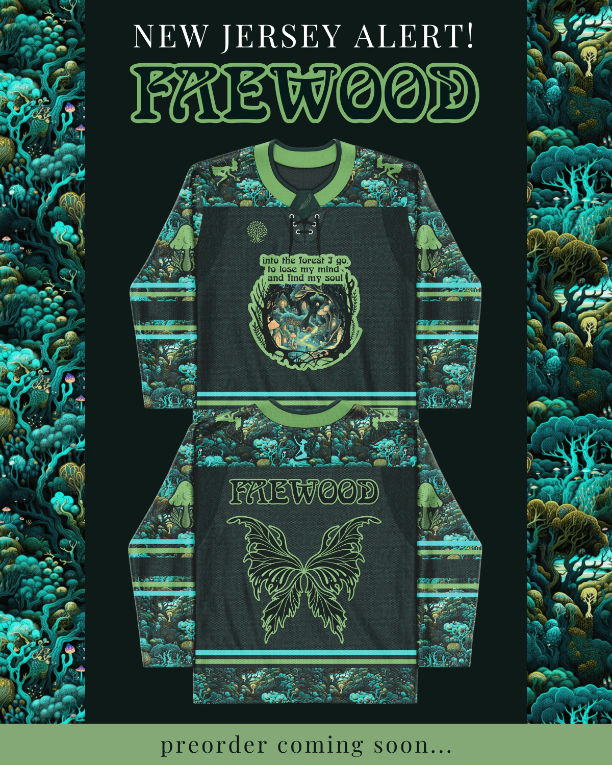 Faewood hockey jersey featuring vibrant forest designs, perfect for rave outfits and enchanted adventures.