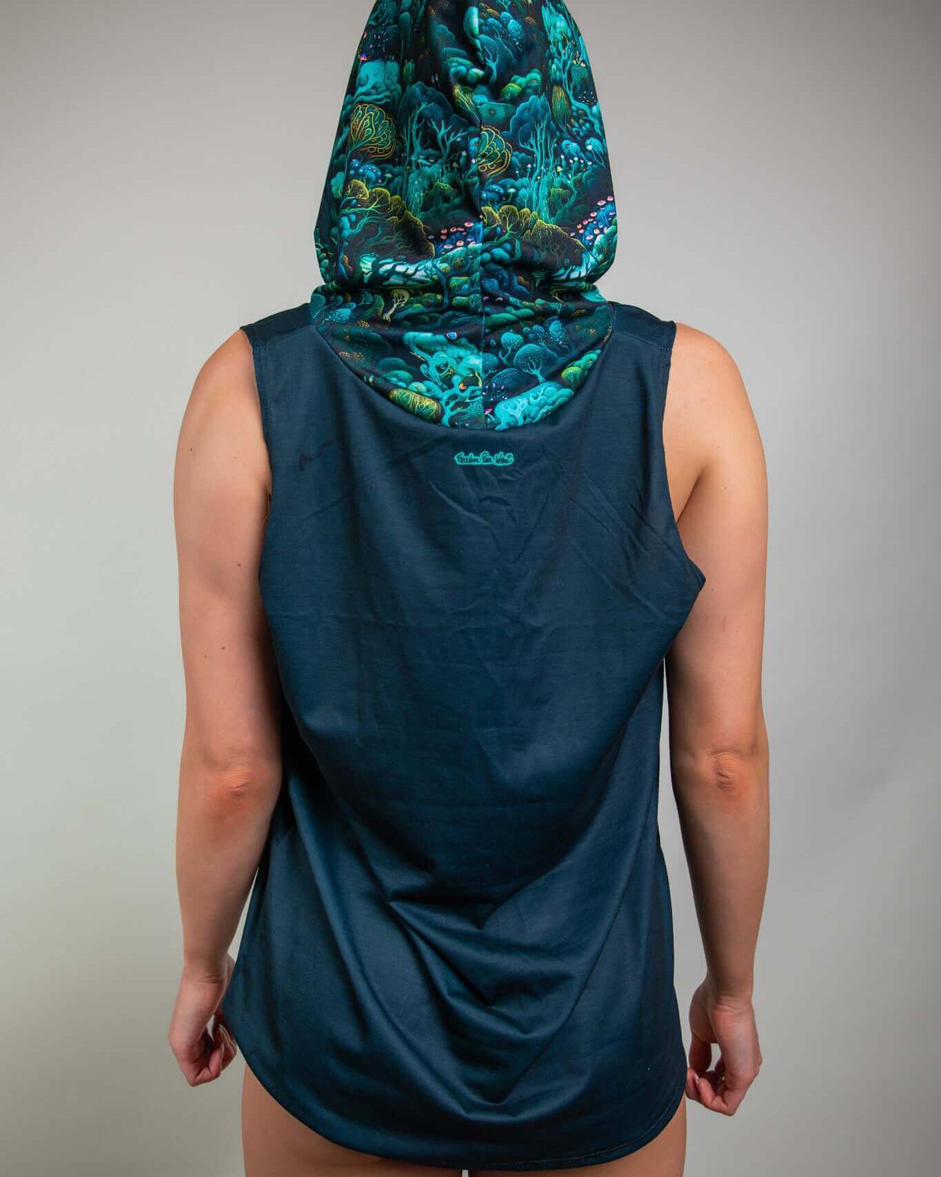Back view of Faewood Tank Top with Hood, featuring vibrant enchanted forest design, perfect for rave outfits.