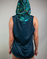 Back view of Faewood Tank Top with Hood, featuring vibrant enchanted forest design, perfect for rave outfits.