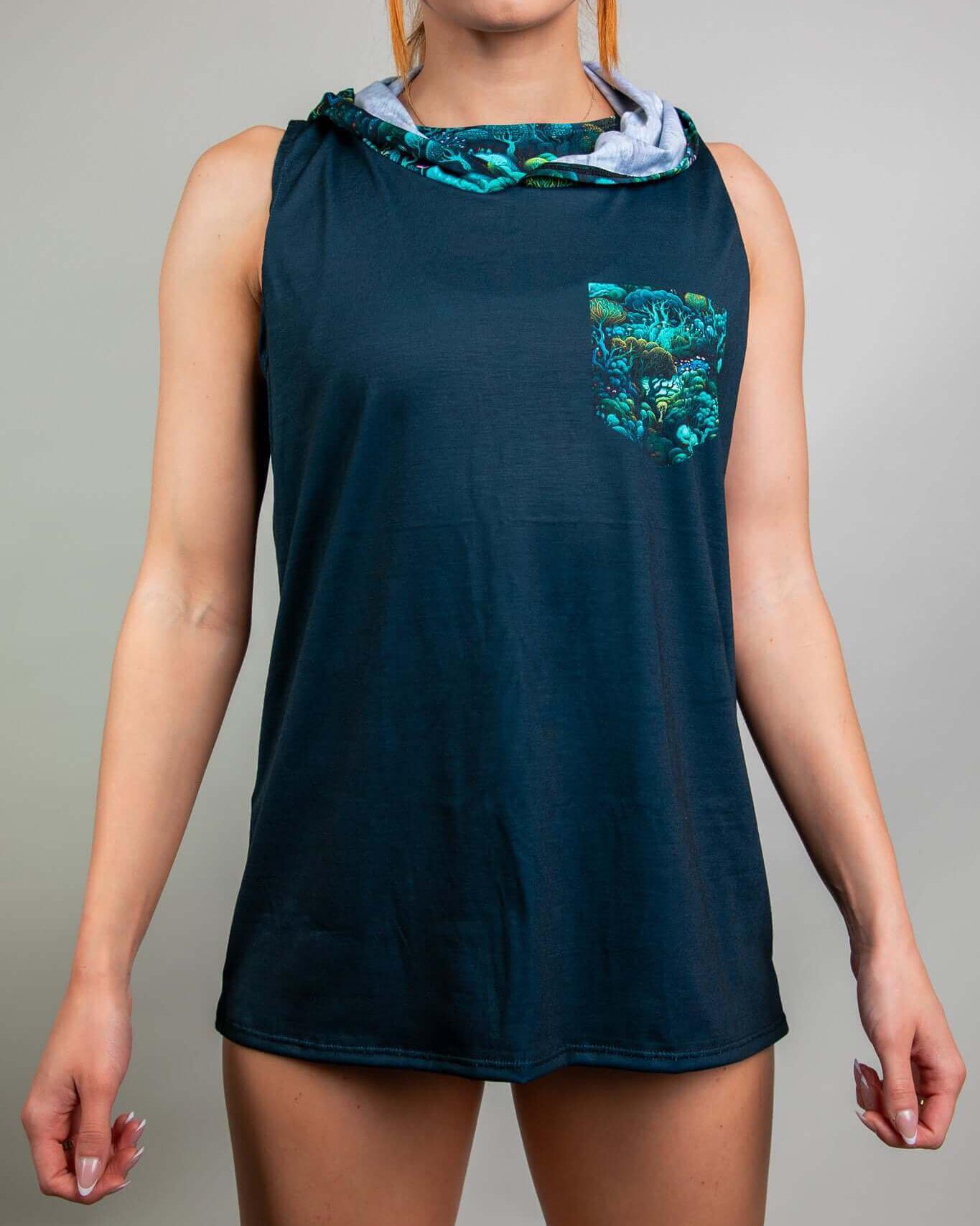 Faewood Tank Top with Hood featuring a vibrant forest design and mock pocket, perfect for rave outfits.