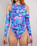 Fairycore high neck bodysuit in vibrant mushroom print, perfect for rave outfits and eco-friendly fashion.