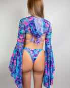 Fairycore mesh hooded bell sleeves with vibrant print, ideal for rave outfits and festivals.