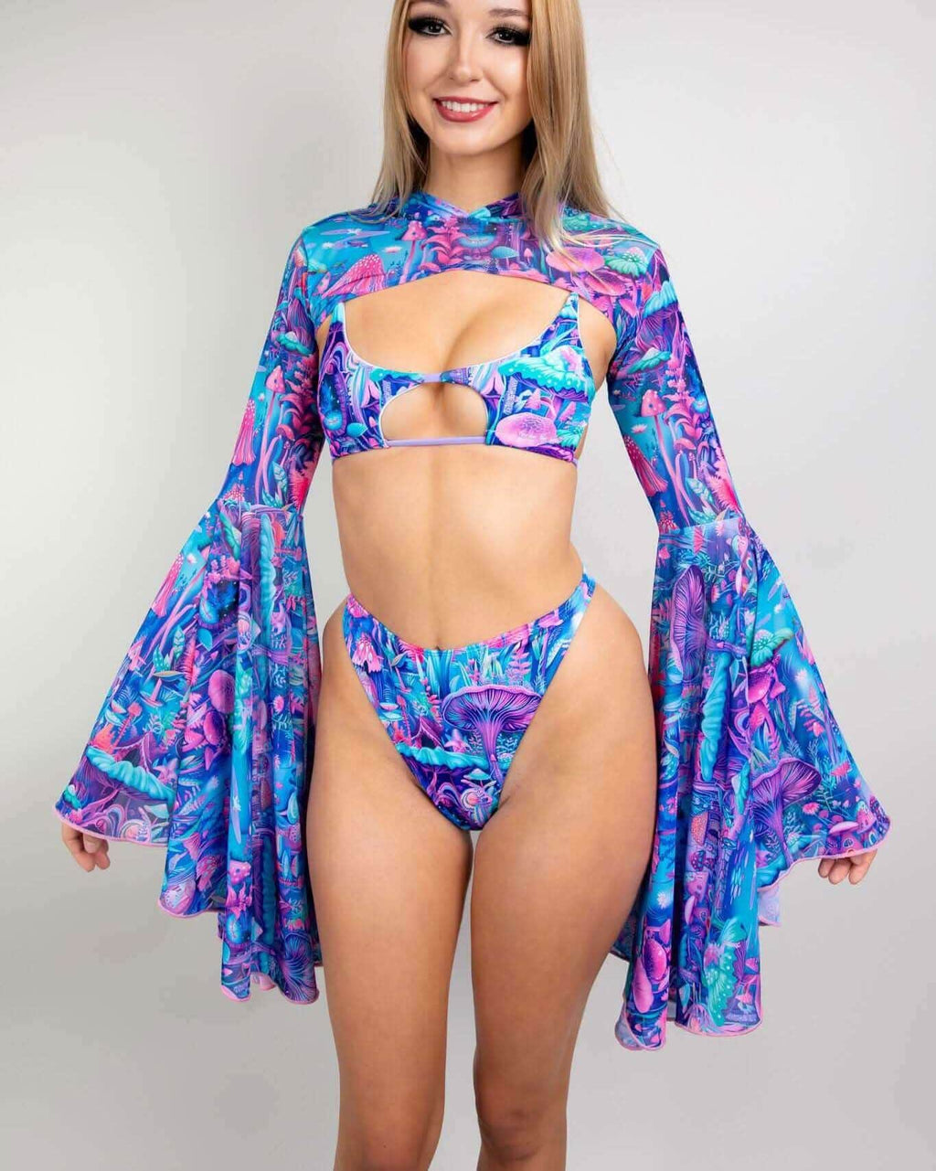 Fairycore mesh hooded bell sleeves rave outfit in vibrant pink, blue, and purple, perfect for festivals and parties.