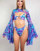 Fairycore mesh hooded bell sleeves rave outfit in vibrant pink, blue, and purple, perfect for festivals and parties.