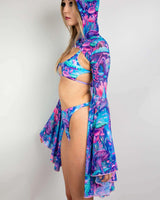 Fairycore mesh hooded bell sleeves in vibrant blue, pink, and purple, perfect for rave outfits and festivals.