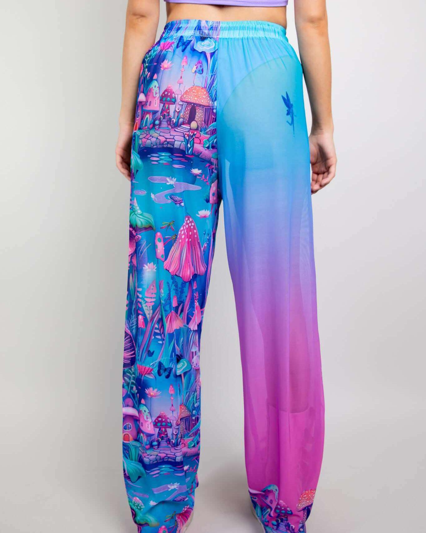 Fairycore Mesh Lucy Pants in vibrant colors with a whimsical print, perfect for rave outfits and comfort.