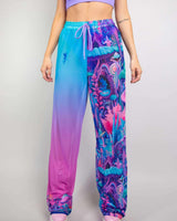 Fairycore Mesh Lucy Pants in vibrant pink and blue, featuring a whimsical print, perfect for rave outfits and relaxation.