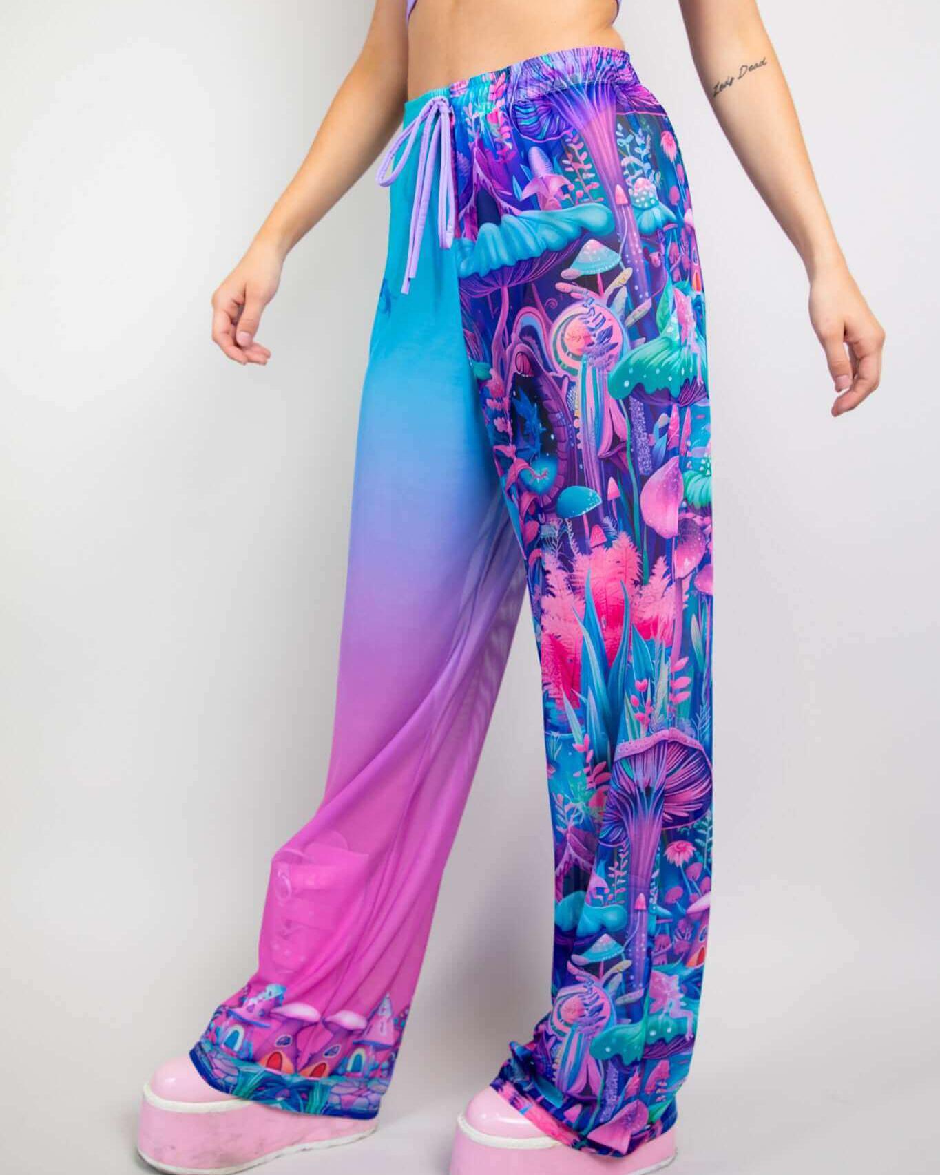 Fairycore Mesh Lucy Pants in vibrant colors, featuring playful prints, ideal for rave outfits and stylish comfort.