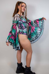 Model wearing Flutter Goddess Bodysuit with butterfly print and bell sleeves, showcasing a stunning rave outfit.