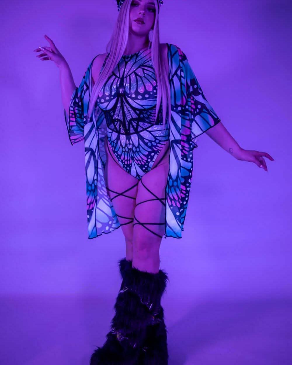 Model wearing Flutter Short Mesh Robe in butterfly design with rave accessories, perfect for rave outfits and beach style.
