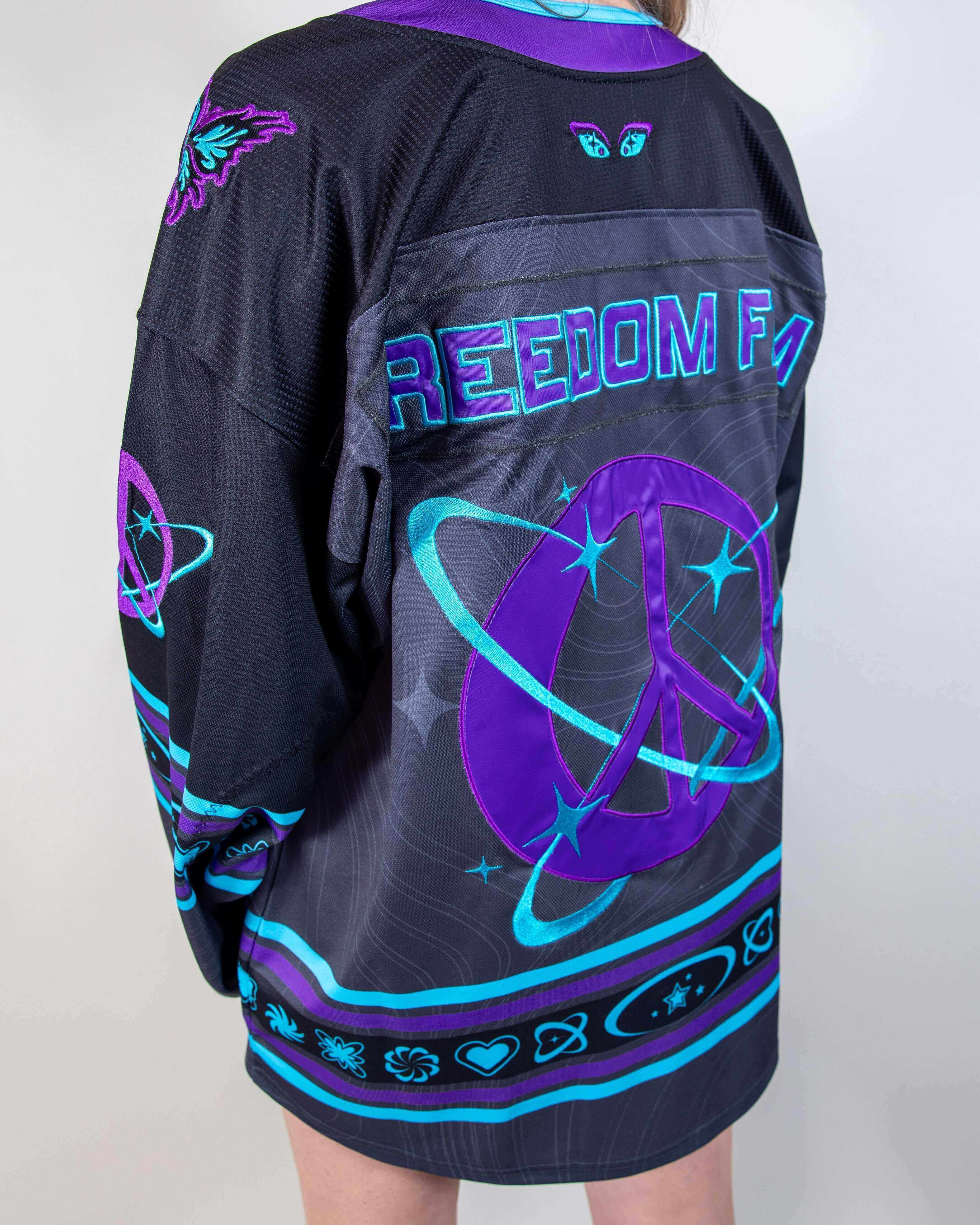 Freedom Fam hockey jersey showcasing bold purple and blue design, perfect for rave outfits and cozy comfort.