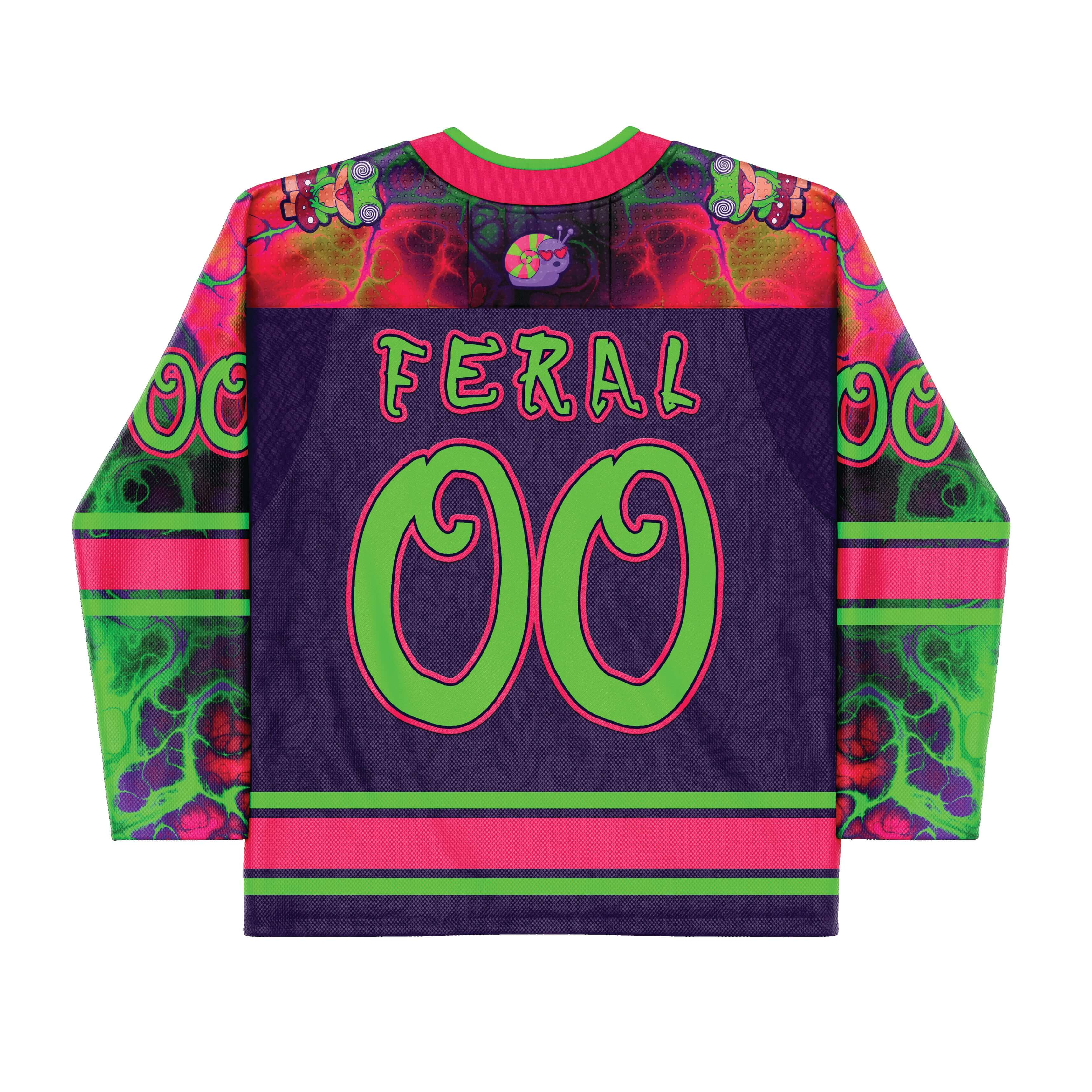 Colorful Goblin Mode hockey jersey featuring 'FERAL' and vibrant patterns, ideal for rave outfits and rave clothing.