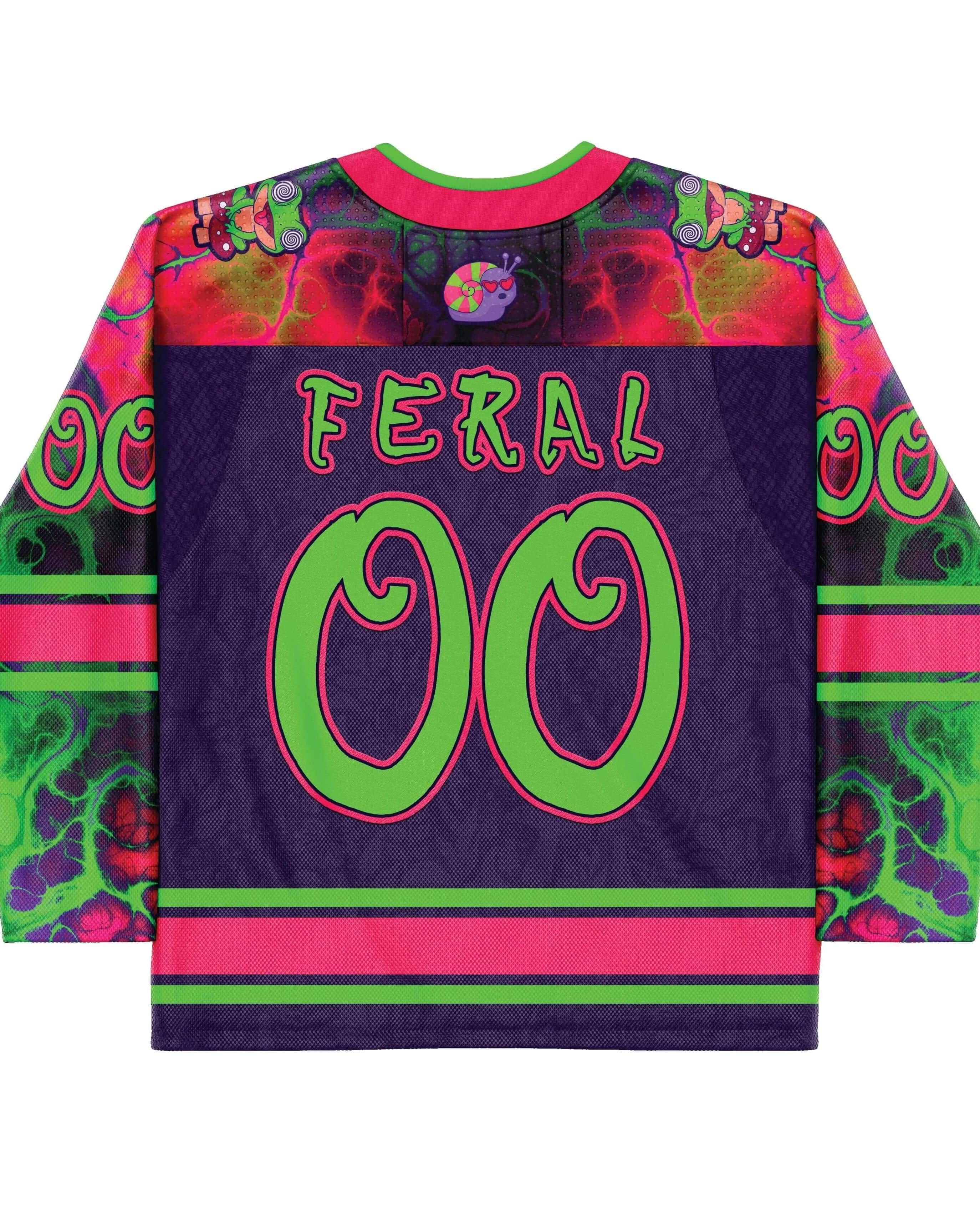 Colorful Goblin Mode hockey jersey featuring 'FERAL' and vibrant patterns, ideal for rave outfits and rave clothing.