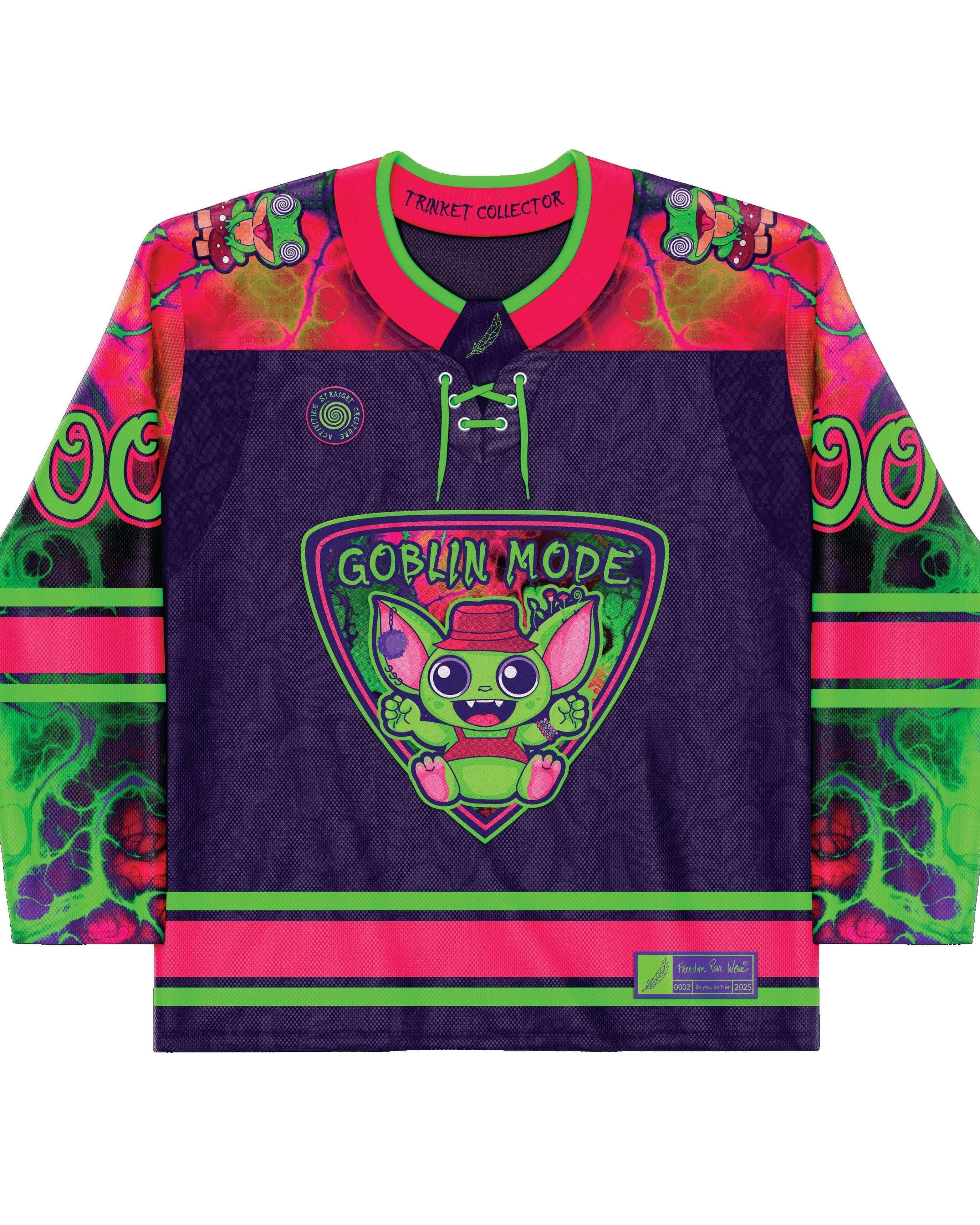 Goblin Mode Hockey Jersey in vibrant colors, perfect for rave outfits and rave clothing, showcasing playful design elements.