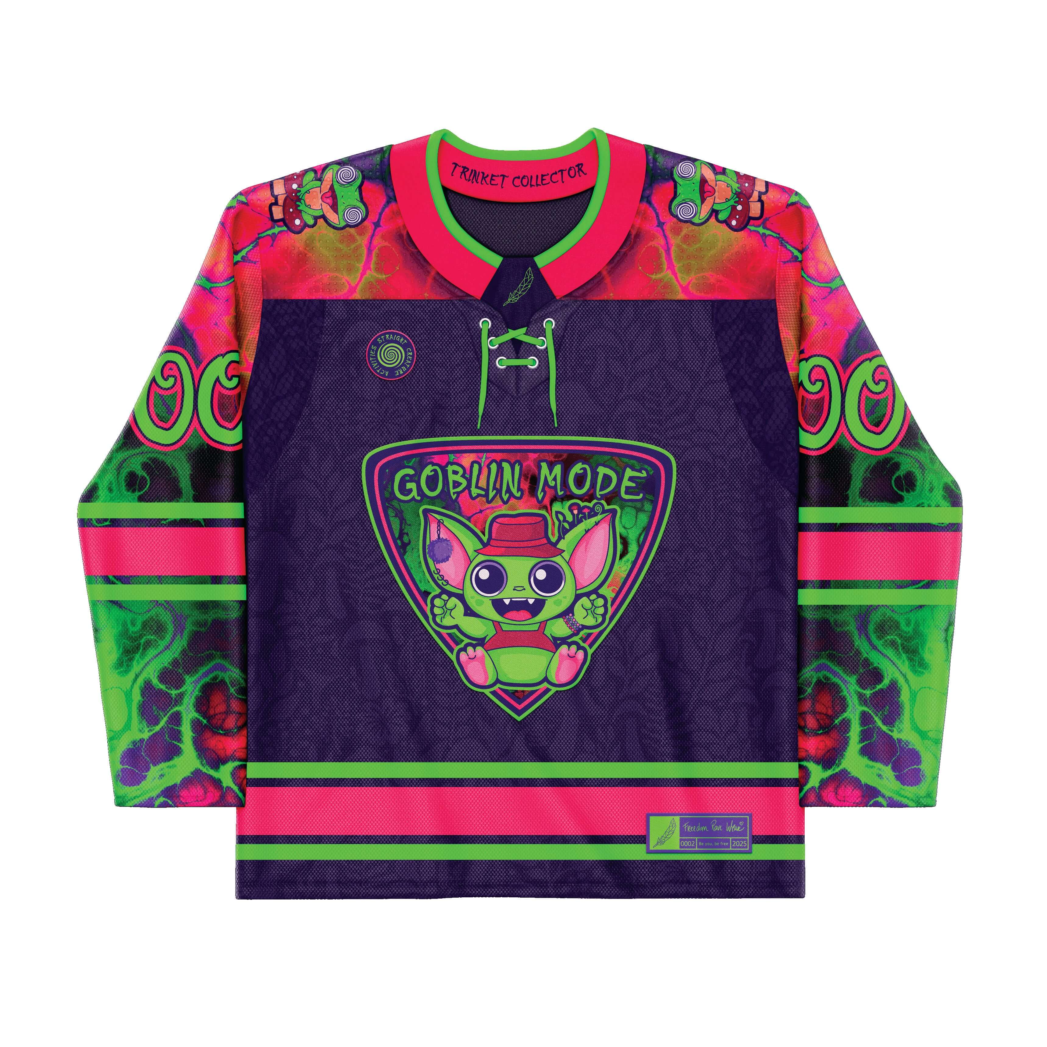 Goblin Mode Hockey Jersey in vibrant colors, perfect for rave outfits and rave clothing, showcasing playful design elements.