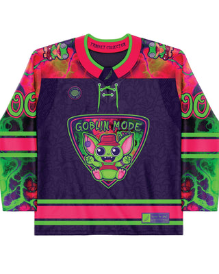 Goblin Mode Hockey Jersey in vibrant colors, perfect for rave outfits and rave clothing, showcasing playful design elements.