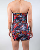 Back view of the Good Fortune Mesh Christina Dress, highlighting the strapless design and bold tattoo-inspired print.