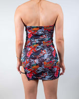 Back view of the Good Fortune Mesh Christina Dress, highlighting the strapless design and bold tattoo-inspired print.