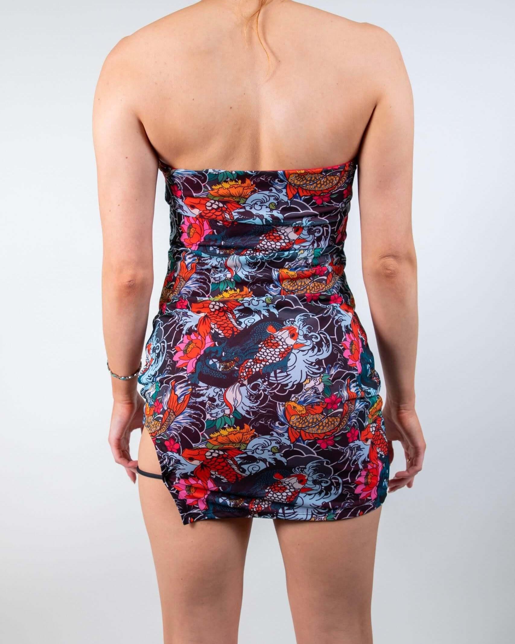 Back view of the Good Fortune Mesh Christina Dress, highlighting the strapless design and bold tattoo-inspired print.