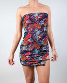 Close-up front view of the Good Fortune Mesh Christina Dress, emphasizing the detailed artwork and sheer mesh material.