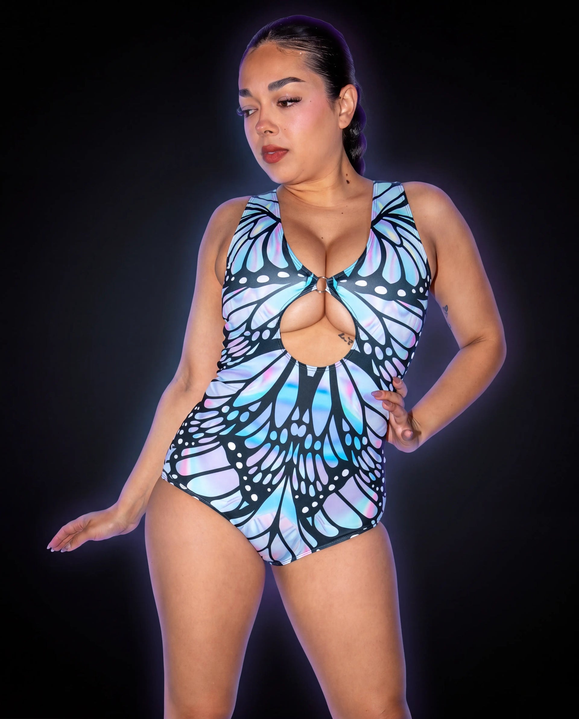 Gossamer Double Take Playsuit - rave bodysuit - front view - Freedom Rave Wear