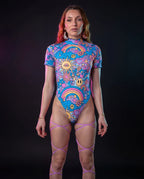 Groovy Wavy Baby Bodysuit front view, featuring a vibrant psychedelic pattern with smiley faces, mushrooms, and rainbows, perfect for rave festivals.