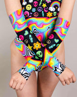 Colorful HAPPIER Arm Sleeves with rainbow design, perfect for rave outfits and adding flair to any look.