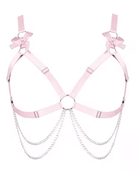 Heartthrob Harness in light pink with bows and chain detailing, perfect for bold rave outfits.