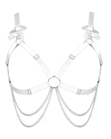 Heartthrob Harness in White featuring delicate bows and chain detailing, perfect for rave outfits and stylish party looks.