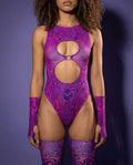 Purple Vanish keyhole bodysuit with matching arm sleeves and thigh highs for rave festival outfit front view