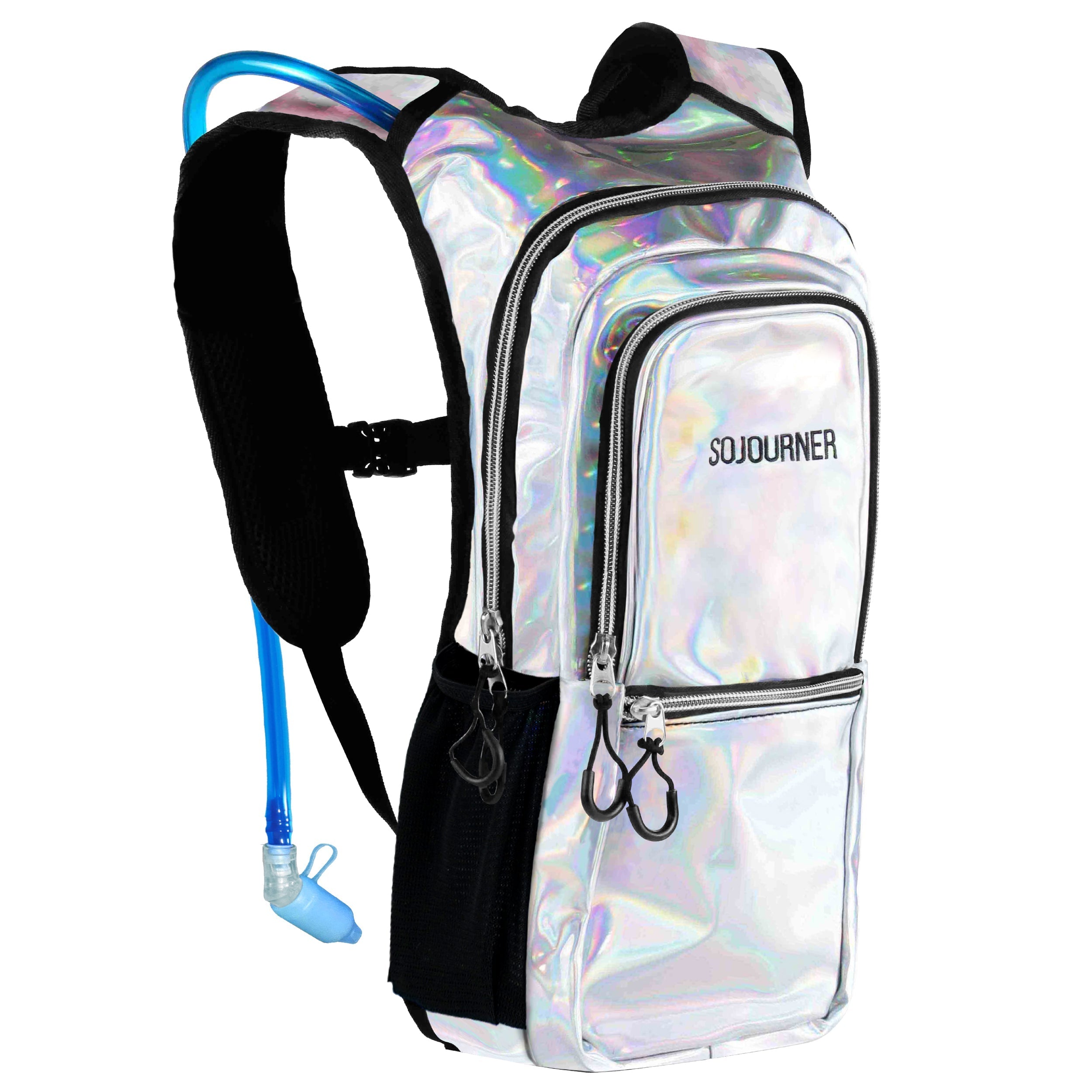 Hydration Pack Backpack (Medium) with iridescent finish and hydration tube, perfect for Rave Outfits and outdoor activities.