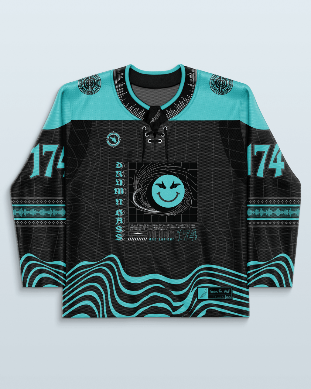 DnB Hockey Jersey showcasing vibrant design for rave outfits, symbolizing unity in electronic music culture.
