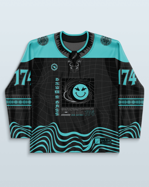DnB Hockey Jersey showcasing vibrant design for rave outfits, symbolizing unity in electronic music culture.