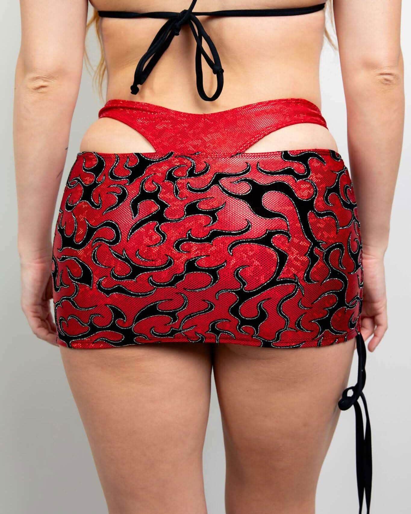 Red Inferno Cinch Skirt showcasing adjustable ties and a ruched effect, perfect for rave outfits.