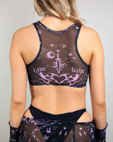 Back view of Inkwork Mesh Keyhole Top featuring edgy designs, perfect for rave outfits and nightlife adventures.