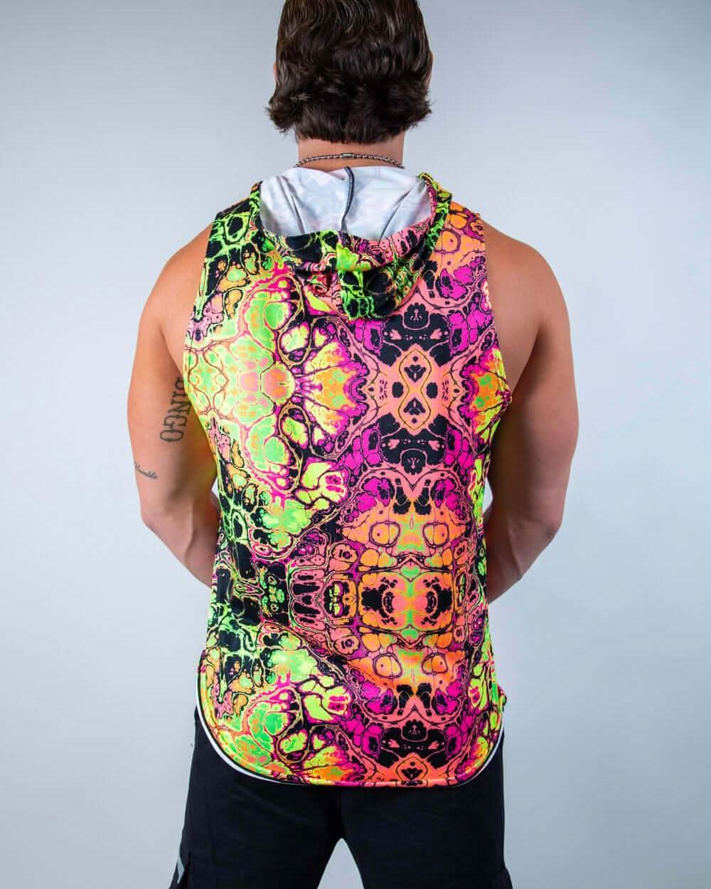 Back view of Intensity Men's Tank Top with Hood in vibrant multicolor pattern, ideal for rave outfits.