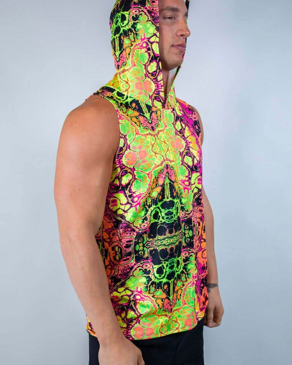 Intensity Men's tank top with hood in vibrant neon skull print, perfect for rave outfits and casual wear.