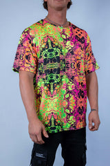 Intensity Oversized Softee t-shirt in trippy neon print, perfect for rave outfits and ultimate comfort.