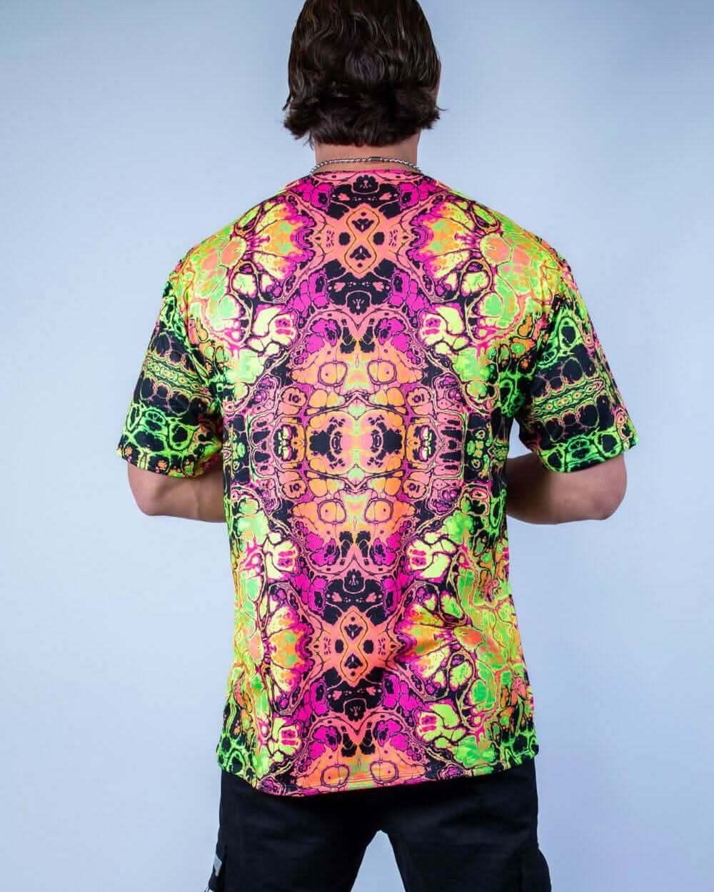 Back view of Intensity Oversized Softee t-shirt featuring a vibrant UV reactive print, perfect for stylish rave outfits.