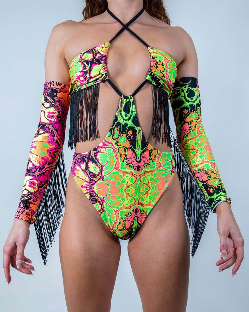 Intensity Twist Bodysuit with Fringe in vibrant UV colors, perfect for rave outfits, featuring a twist top and cheeky design.