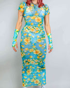 Rave bodysuit style Lemon Drop mesh maxi dress with floral print, festival outfit front view