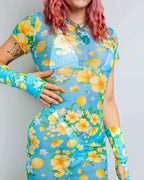 Rave bodysuit style Lemon Drop mesh maxi dress with blue floral print, festival outfit front view