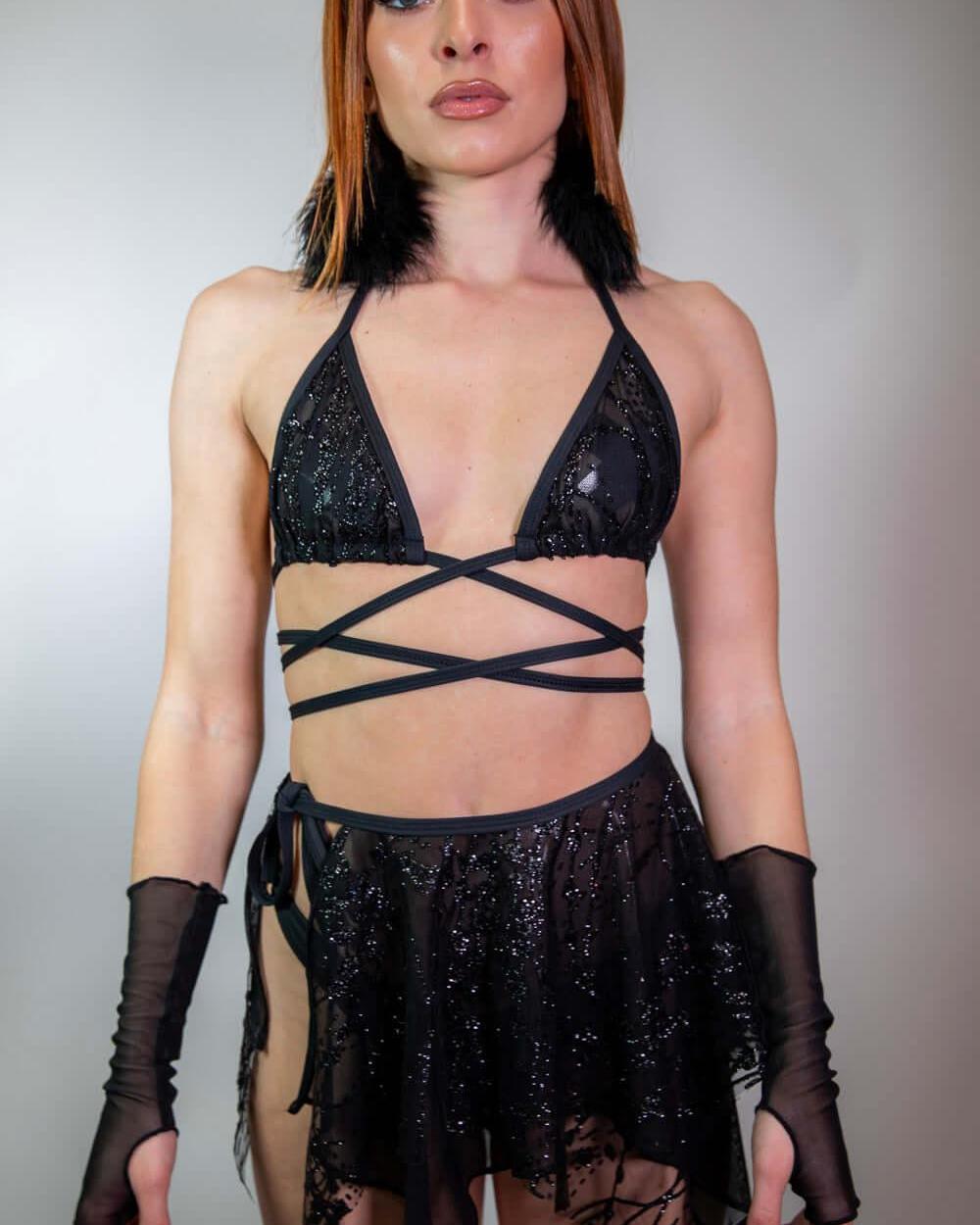 Front view of the Lilith Wrap Bikini Top, showcasing its halter neckline and adjustable wrap-around straps.