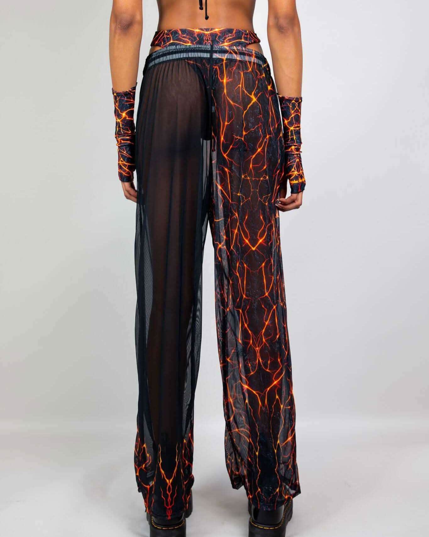 Magma Mesh Lucy Pants with lava print, back view showcasing breathable mesh fabric and wide-leg design, perfect for rave outfits.