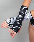 Mechanoid Gloves in black and white with abstract designs, perfect for rave outfits and featuring thumb holes and forearm coverage.