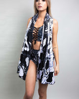 Model showcasing Mechanoid Reversible Festival Scarf paired with stylish rave outfit, perfect for festival season.