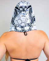 Mechanoid Reversible Hood showcased from behind, featuring a futuristic design, perfect for rave outfits and festivals.