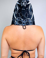 Mechanoid reversible hood showcased from the back, featuring a unique robot design, perfect for rave outfits and festivals.