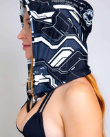 Mechanoid Reversible Hood worn by model, showcasing its stylish design and secure fit, perfect for rave outfits.